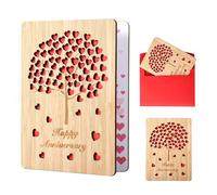 Wooden Happy Anniversary Card with Envelope, Handmade Heart Design Bamboo Greeting Card for Husband Wife Him Her Couple, Anniversary Card for Wedding Birthday Valentine's