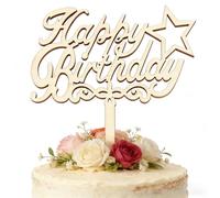 Wooden Happy Birthday Cake Topper, Happy Birthday Cake Decoration Suitable For Party Decoration For Anniversary/Birthday, 4.7x10.3 inches (star)