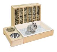 Wooden Hay Feeder with Stainless Steel Bowls, 20.8x11x11.2 Inches, 2600G, Enhanced Capacity, Easy Assembly, Suitable for Rabbits, Guinea Pigs, Chinchillas, and Hamsters