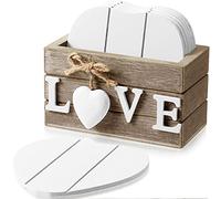 Wooden Heart Coasters Set of 6 With Holder - Farmhouse Coasters for Drinks, Coffee Table Protection - Funny Housewarming Gifts for New Home Decoration, 4 Inch (Brown, Love)