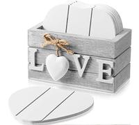 Wooden Heart Coasters Set of 6 With Holder - Farmhouse Coasters for Drinks, Coffee Table Protection - Housewarming Gifts for New Home Decoration, 4 Inch (Grey, Love)