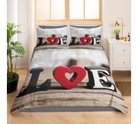Wooden Heart Single Duvet Cover Set Letter Pattern Bedding Set 3D Print Soft Microfiber Quilt Covers 155x200 cm with Zipper Closure and 2 Pillowcases 50x75 cm for Teens K.1766