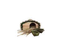 Wooden Hedgehog House With Ceramic Food & Water Dish Set & Nesting Straw