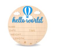Wooden Hello World Newborn Sign, Clouds and Hot Air Balloon Birth Announcement Board, Baby Announcement Sign Newborn Welcome Baby Name Plaque for Nursery Hospital Home Decoration