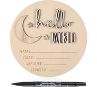 Wooden Hello World Newborn Sign Cute Birth Announcement Board Baby Announcement Sign Newborn Welcome Baby Name Plaque for Nursery Hospital Girl Boy Photo Props