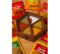 Wooden Hexagonal Spice Box with 6 Compartments, Masala Storage Container, Masala Dabba Organizer with Glass Lid Spice Jars, Spice Storage, Ideal for Seasonings & Herbs Best housewarming Gifts