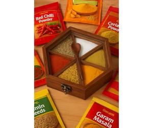Wooden Hexagonal Spice Box with 6 Compartments, Masala Storage Container, Masala Dabba Organizer with Glass Lid Spice Jars, Spice Storage, Ideal for Seasonings & Herbs Best housewarming Gifts