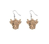 Wooden Highland Cow Dangle Drop Earrings Handmade Charm Natural Wood Cartoon Sunflower Daisy Red Bow Scottish Fluffy Cattle Animal Lightweight Earrings for Women Cowgirl Cowboy Birthday Christmas