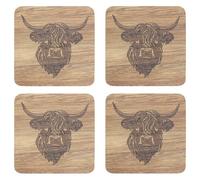 Wooden Highland Cow Dining Tableware Ideal Kitchen Non Slip Washable | Set Easy to Clean Tableware (Set of 4 Coasters 1428)
