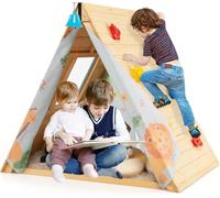 Wooden House for Toddlers, Montessori Wooden Triangle Climber Play Tent with Climbing Wall, Hanging Bell, Open Window, Cartoon Pattern Kids Gym Playhouse Set for Boys Girls Gift Present