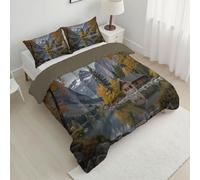 Wooden Houses By The Lake Heart Duvet, Coverless Duvet Super King 7.5 Tog, Reversible Mountains Distance Comeforter Set for All Season, Soft Lightweight Machine Washable Yellow Quilt 264x230cm