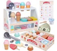 Wooden Ice Cream Counter Playset for Kids, Toddler Girl Toys Kitchen Playset Pretend Play Gifts for 3 4 5 6 Year Old Girl or Boy, Play Food Scoop and Serve, Play Kitchen Sets for Kids Ages 4-8