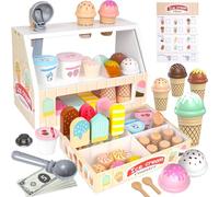Wooden Ice Cream Set for Kids, 49 PCS Wooden Role Play Ice Cream Counter Shop Playset, Play Food Sets for Kids Kitchen, Pretend Play Toys, Imaginative Toys Gift for 3 4 5 Year Old Girls Boys