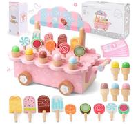Wooden Ice Cream Set for Kids - Role Play Food Cart Shop With Menu & Fake Money - Play Kitchen Accessories Gift for 3-7 Year Old Girls Boys