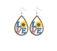 Wooden Independence Day Patriotic Earrings Flag Teardrop Dangle Earrings 4th of July Star Heart Sunflower Pendant Earrings for Pearl Drop Earrings (B, 8x3cm)