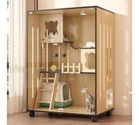 Wooden Indoor Cat Enclosure, Large Cat House with Escape Doors and Casters, Multi-Feature Enclosed Cat Cage for Indoor and Outdoor Use