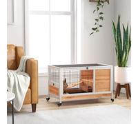 Wooden Indoor Rabbit Hutch Elevated 2-Floor Bunny Cage w/ Enclosed Run Area PawHut Yellow One Size