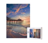 Wooden Intelligence Puzzle 28x40 CM, sunset at the beach bridge Printed Jigsaw Puzzles 300 Pieces(boxed) Education Game for Adults, Home Decoration Puzzle