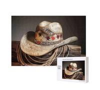 Wooden Intelligence Puzzle 40x28 CM, American West Rodeo Hat Printed Jigsaw Puzzles 300 Pieces(boxed) Education Game for Adults Home Decoration Puzzle