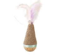 Wooden Interactive Cat Tumbler Wobbler Toy, Cat Wobble Toy, Scratchable Woven Surface with Natural Feather Teaser Wand, Anti-Tip Indoor Cat Enrichment Entertainment Toy for Exercise Training (A)