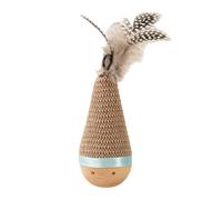 Wooden Interactive Cat Tumbler Wobbler Toy, Scratchable Woven Surface with Natural Feather Teaser Wand, Anti-Tip Indoor Cat Enrichment Entertainment Toy for Small Medium Large Cats(C,6x6x18cm)