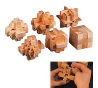 Wooden Interlocking 3D Puzzles Set - 6 Unique Brain Teasers for Adults, Teens & Seniors, Smooth Finish Lu Ban Lock Dexterity Game, Educational Logic Thinking Toy for Home & Office Decor