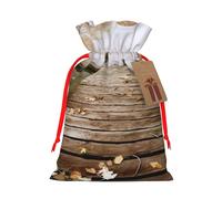 Wooden Jetty with Fallen Leaves Printed Christmas Drawstring Bags Reusable Xmas Bag for Party Xmas Gift Wrapping, Red Ribbon, S