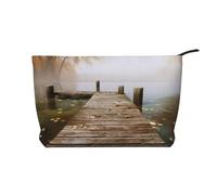 Wooden Jetty with Fallen Leaves Printed Make up Bag for Women Corduroy Makeup Bags Zipper Travel Cosmetic Bags Pouch Organizer