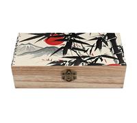 Wooden Jewelry Box Beautifully Keepsake Box Trinket Box Keepsake Storage Organizer Ink Painting of Red Sun And Mountains Handmade Wooden Box for Storing Jewelry, Coins, Tartot Cards, Small Treasures