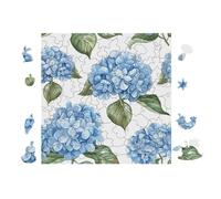 Wooden Jigsaw Puzzle 100 Pieces for Adults - Elegant Irregular Shaped Wood Puzzle, Blue Hydrangea Pattern Design, 28x28cm