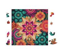 Wooden Jigsaw Puzzle 100 Pieces for Adults - Elegant Irregular Shaped Wood Puzzle, Boho Mandala Colorful Flowers Design, 28x28cm