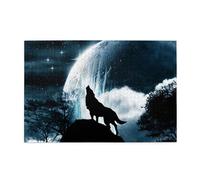Wooden Jigsaw Puzzle 1000-Piece in Box, Wolf Howling At The Moon Prints Eco-Friendly Educational Puzzle for Family Fun & Adult Relaxation, 75x50 CM
