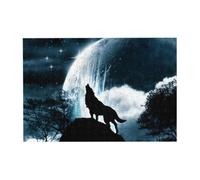 Wooden Jigsaw Puzzle 300-Piece in Box, Wolf Howling At The Moon Prints Eco-Friendly Educational Puzzle for Family Fun & Adult Relaxation, 38x26 CM