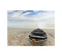 Wooden Jigsaw Puzzle 500-Piece in Box, Boat Beach Sunrise Time Nautical Prints Eco-Friendly Educational Puzzle for Family Fun & Adult Relaxation, 52x38 CM