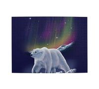 Wooden Jigsaw Puzzle 500-Piece in Box, Northern Lights Polar Bear Prints Eco-Friendly Educational Puzzle for Family Fun & Adult Relaxation, 52x38 CM