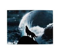 Wooden Jigsaw Puzzle 500-Piece in Box, Wolf Howling At The Moon Prints Eco-Friendly Educational Puzzle for Family Fun & Adult Relaxation, 52x38 CM