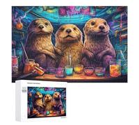 Wooden Jigsaw Puzzle Featuring Colorful Otters at The Bar, 1000 PCS