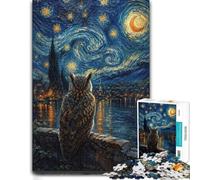 Wooden Jigsaw Puzzle Featuring Owl on A Wall Under Starry Night, 500 PCS