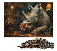 Wooden Jigsaw Puzzle Featuring Rhino Drinking Beer in A Bar, 500 Pieces | Adult Jigsaw Puzzle: tabletop puzzling for hands-on indoor leisure alone or together.