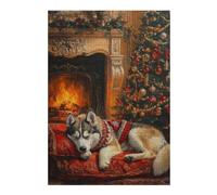 Wooden Jigsaw Puzzle Featuring Sleeping Husky Dog by Fireplace Christmas Scene, 300 PCS