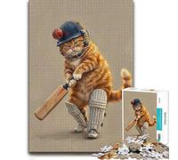 Wooden Jigsaw Puzzle for Adults, Cat Cricket Player, 300 PCS