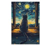 Wooden Jigsaw Puzzle for Adults, Cat Gazing at Starry Night, 1000 PCS