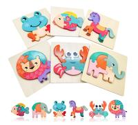 Wooden Jigsaw Puzzle for Kids 6 Styles Cartoon Animals 3D Puzzles for 2-6 Year Olds Montessori Kids Teasers Toys Jigsaw Blocks Early Educational Learning Boy Girl Toddlers Easter