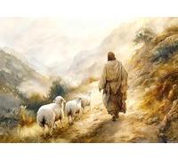 Wooden Jigsaw Puzzle Jesus Left The 99 Lost Sheep Jesus Mural Good Shepherd Jesus Christ Painting Bible 1000 Pieces for Adults Brain Teaser Game, Home Decor, and Gift 20x28in