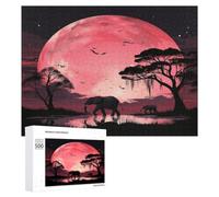Wooden Jigsaw Puzzle Set for Adults with Storage Box 500 PCS | Pink Moon Elephant Decorative Puzzles Art Smooth Wood Puzzle Relaxing Brain Teaser for Home Gift & Wall Decor