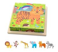 Wooden Jigsaw Puzzles, 6 In 1 Animal Puzzle 3D Wooden Cube Block Toys, Montessori Educational toys for Kids, 3 4 5 Years Old Birthday for Boys and Girls Toddlers,16 * 16cm