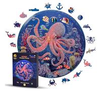 Wooden Jigsaw Puzzles For Adults And Kids - Animal Wooden Puzzles - Round Ocean Puzzle - Birthday Idea (S, Octopus)