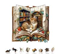 Wooden Jigsaw Puzzles for Adults & Kids - Cat in the book Jigsaw Puzzles 195pcs, Artistic Wall Decor & Birthday Gift Idea for Friends, Home Office Puzzle (27x26.5cm)