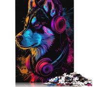 Wooden Jigsaw Puzzles Siberian Husky with Headphones 500 Piece Puzzles Adults And Jigsaw Puzzle Challenge Toy 500pcs (52x38cm)