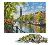 Wooden Jigsaw, Wood Puzzle, Amsterdam Canal Scene, 1000 Pieces | For home use: Jigsaw Puzzle for Adults - group puzzle activity with screen-free home activity.